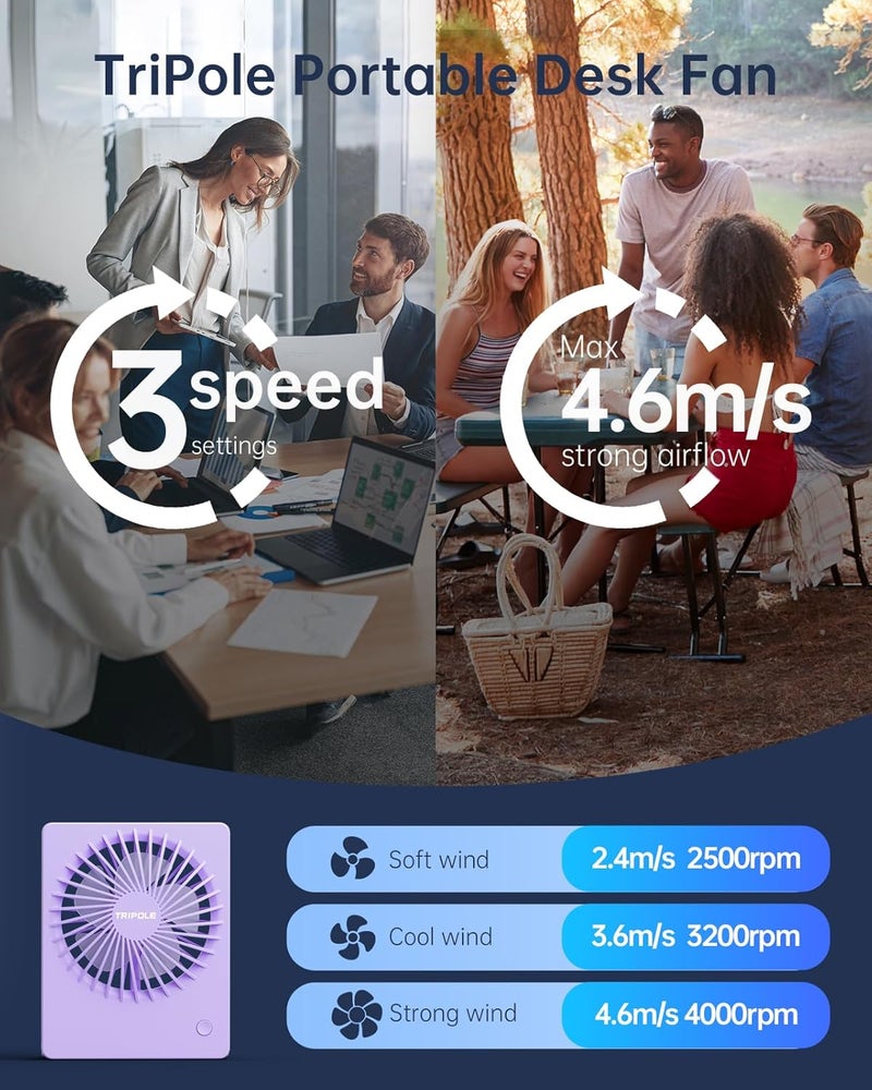 TriPole Mini Desk Fan USB Powered Portable Fan Small Personal Fan 3 Speeds Strong Airflow Table Fan for Travel Home Office Bedroom Desktop, 3.3ft Cable (No Battery, Purple) - Image 5